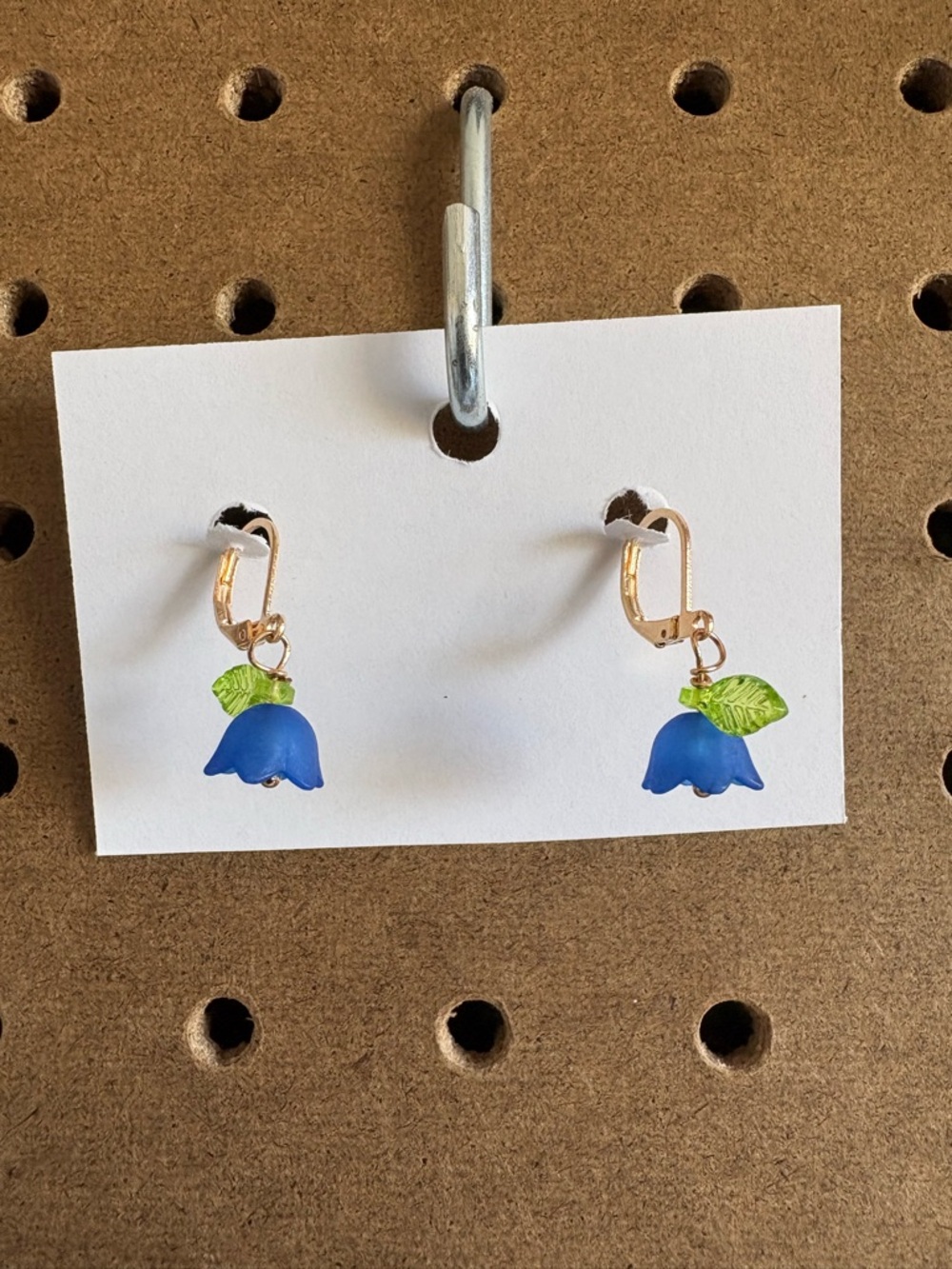 Hand Crafted Blue Flower Drop Earrings with Green Leaves